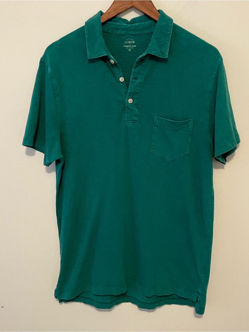 J Crew Factory Men’s L Garment Dyed Cotton Polo Shirt Green Pocket Preppy